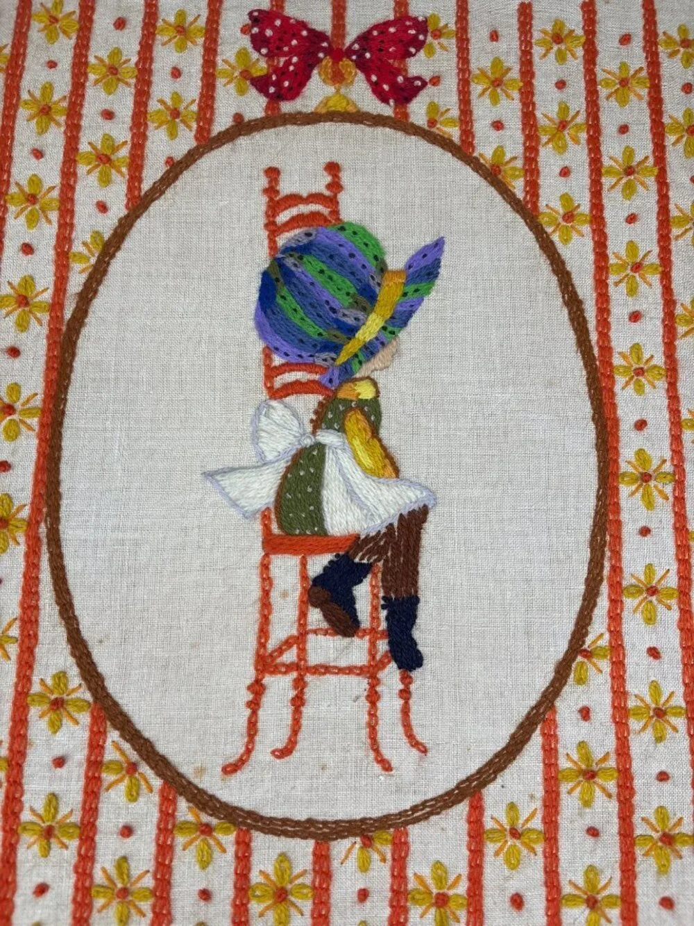 Framed Embroidered Girl on Chair Hat Bow Folk Art Wall Decor 21